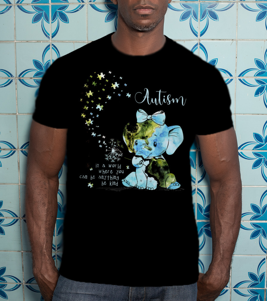 Autism Awareness Be Kind Elephant Dandelion Puzzle Pieces T-Shirt