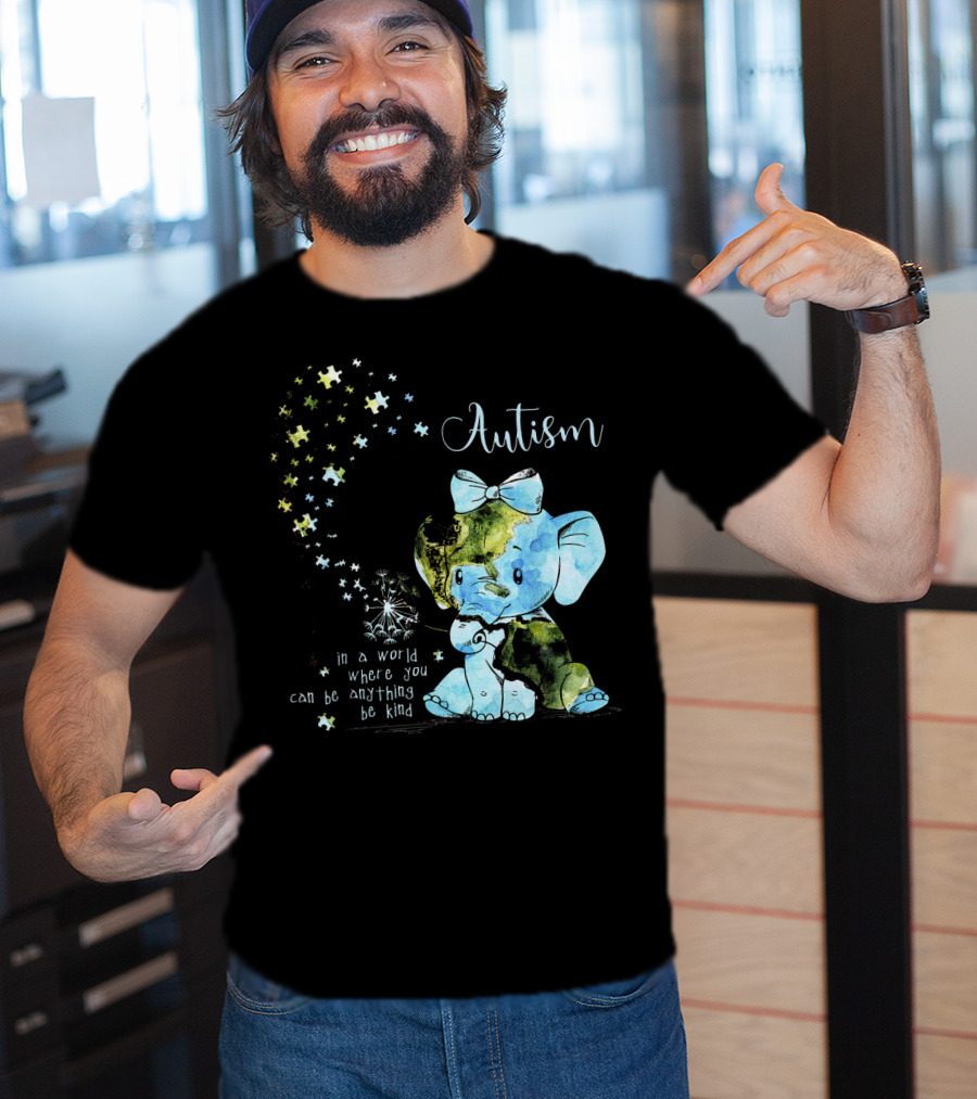 Autism Awareness Be Kind Elephant Dandelion Puzzle Pieces T-Shirt
