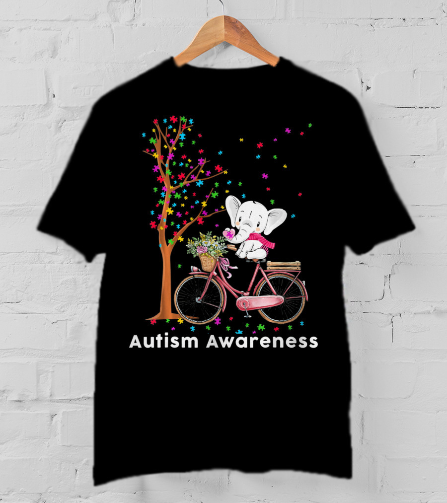 Autism Awareness Elephant Riding Bicycle With Puzzle Pieces And Tree T-Shirt