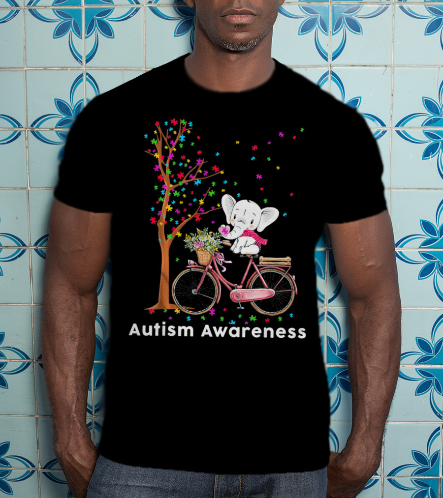 Autism Awareness Elephant Riding Bicycle With Puzzle Pieces And Tree T-Shirt