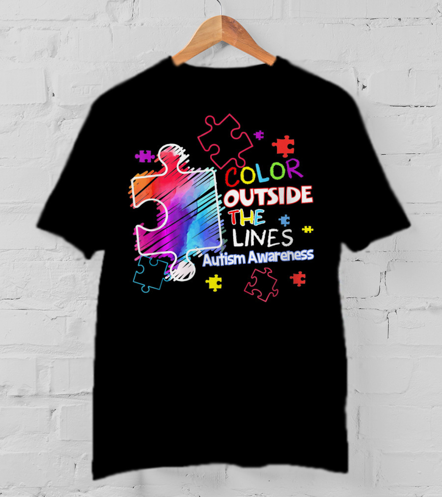 Autism Awareness Color Outside The Lines Puzzle Pieces T-Shirt