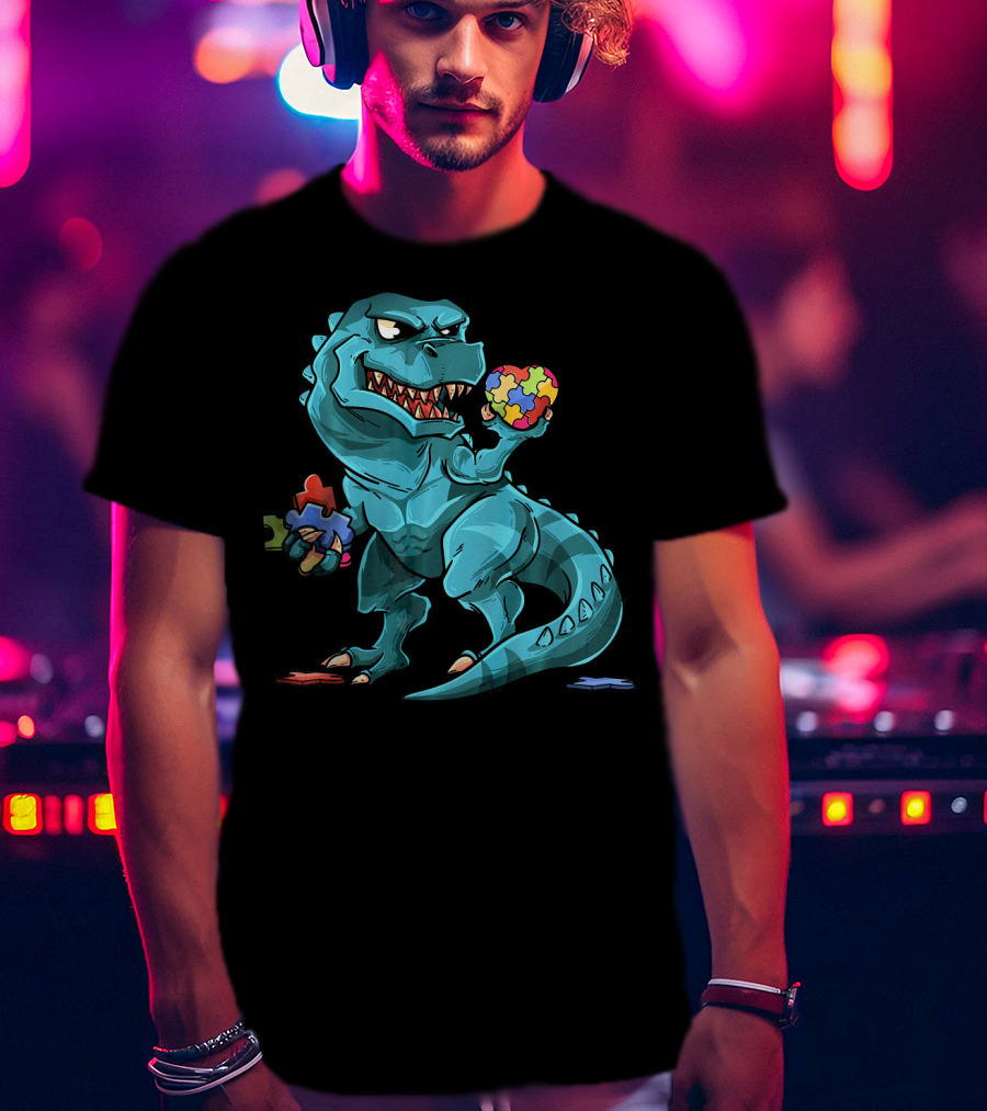 Autism Awareness Dinosaur Puzzle Rex Heart T-Shirt