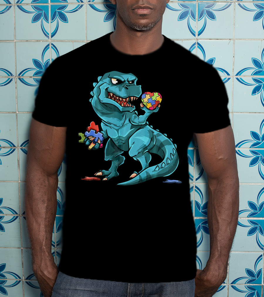 Autism Awareness Dinosaur Puzzle Rex Heart T-Shirt