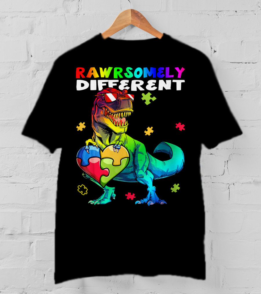 Rawrsomely Different Autism Awareness Dinosaur Puzzle Heart T-Shirt
