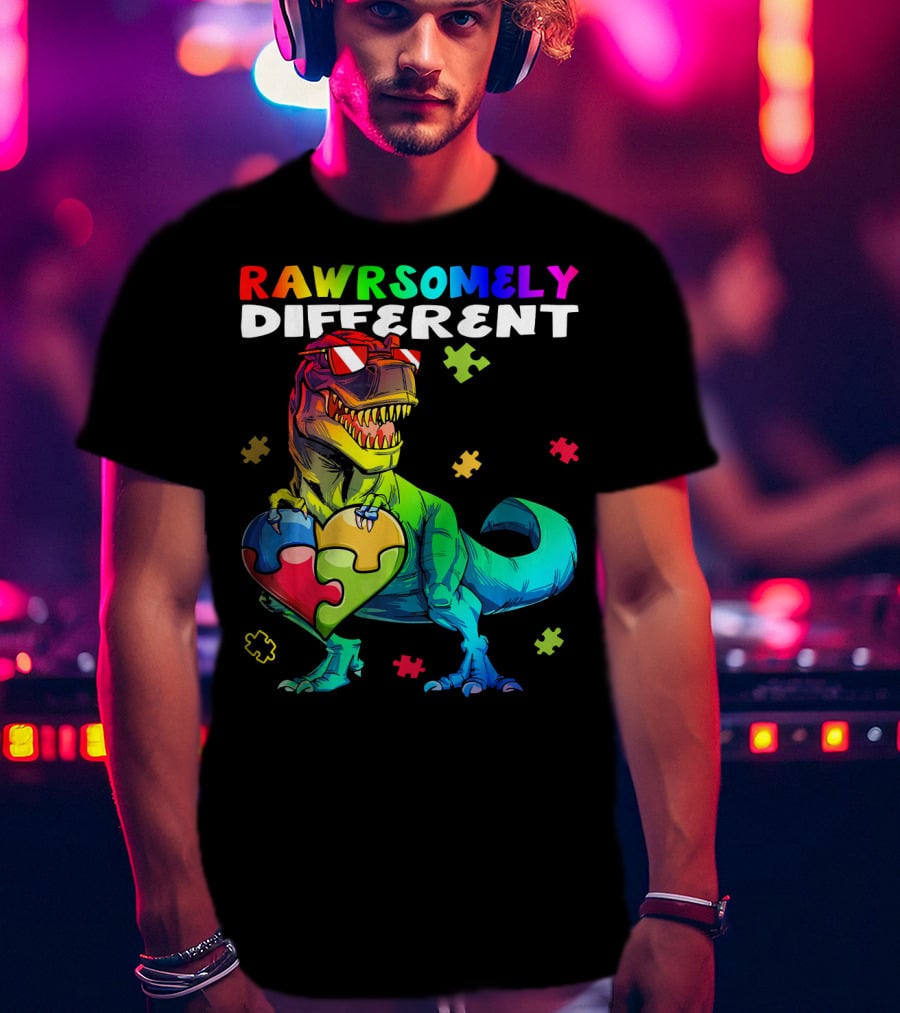 Rawrsomely Different Autism Awareness Dinosaur Puzzle Heart T-Shirt