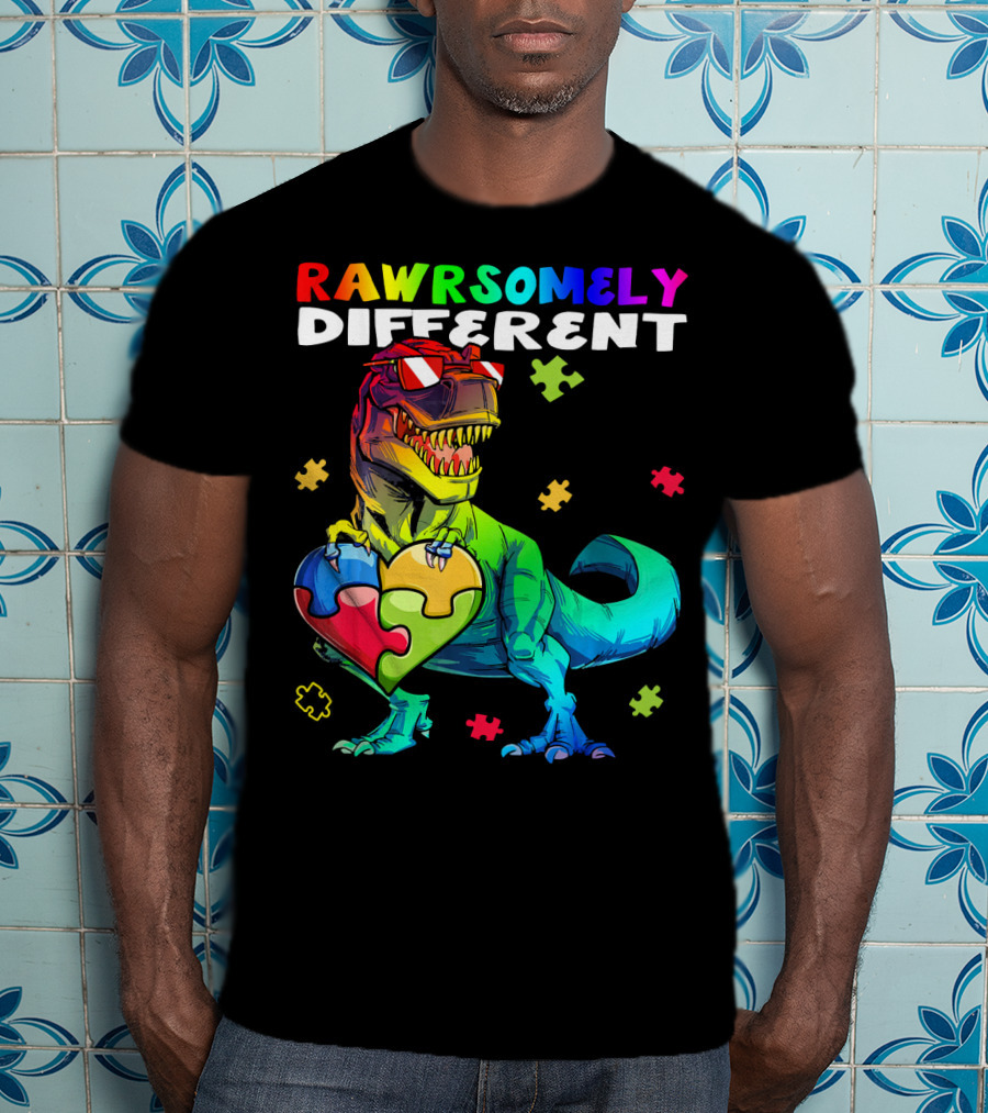Rawrsomely Different Autism Awareness Dinosaur Puzzle Heart T-Shirt
