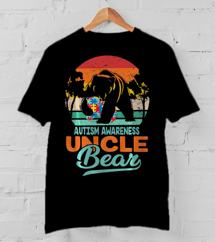 Autism Awareness Uncle Bear Puzzle Sunset T-Shirt
