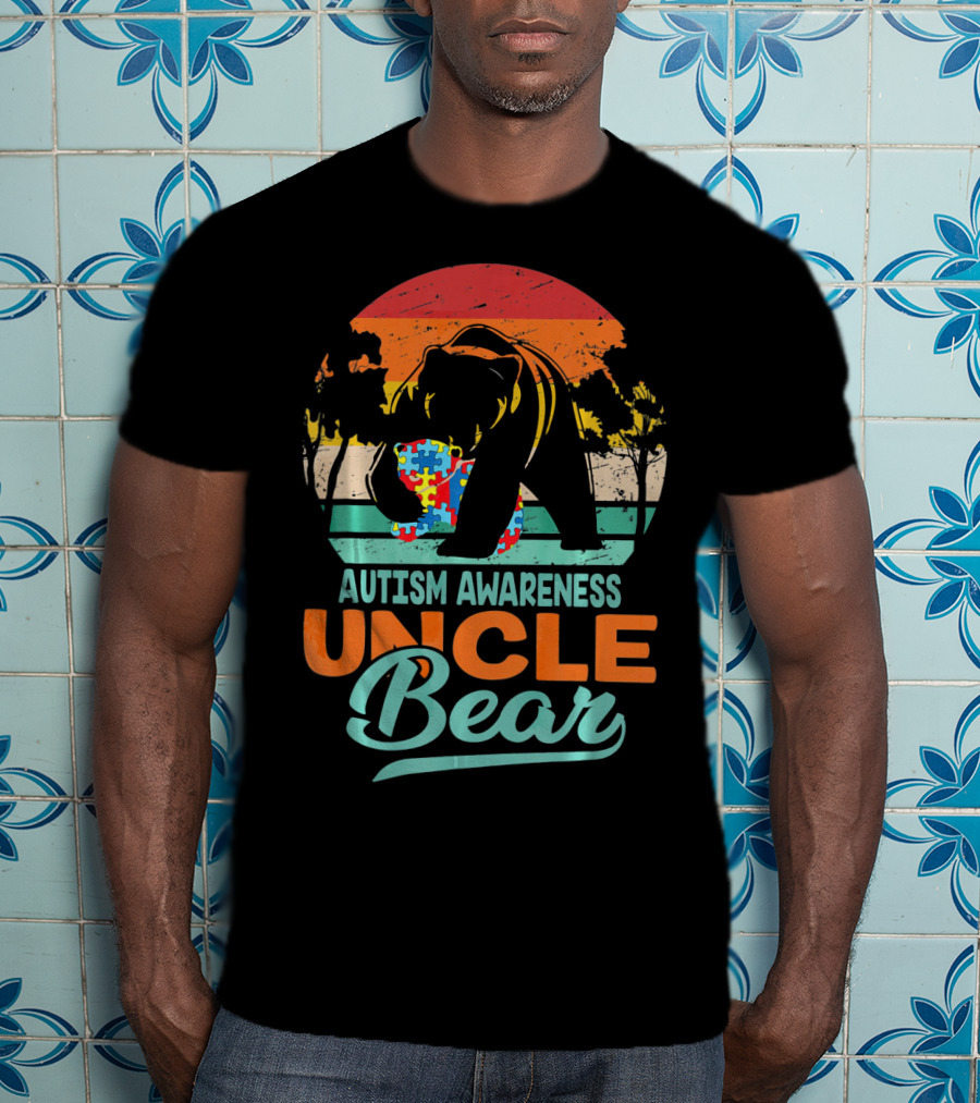 Autism Awareness Uncle Bear Puzzle Sunset T-Shirt