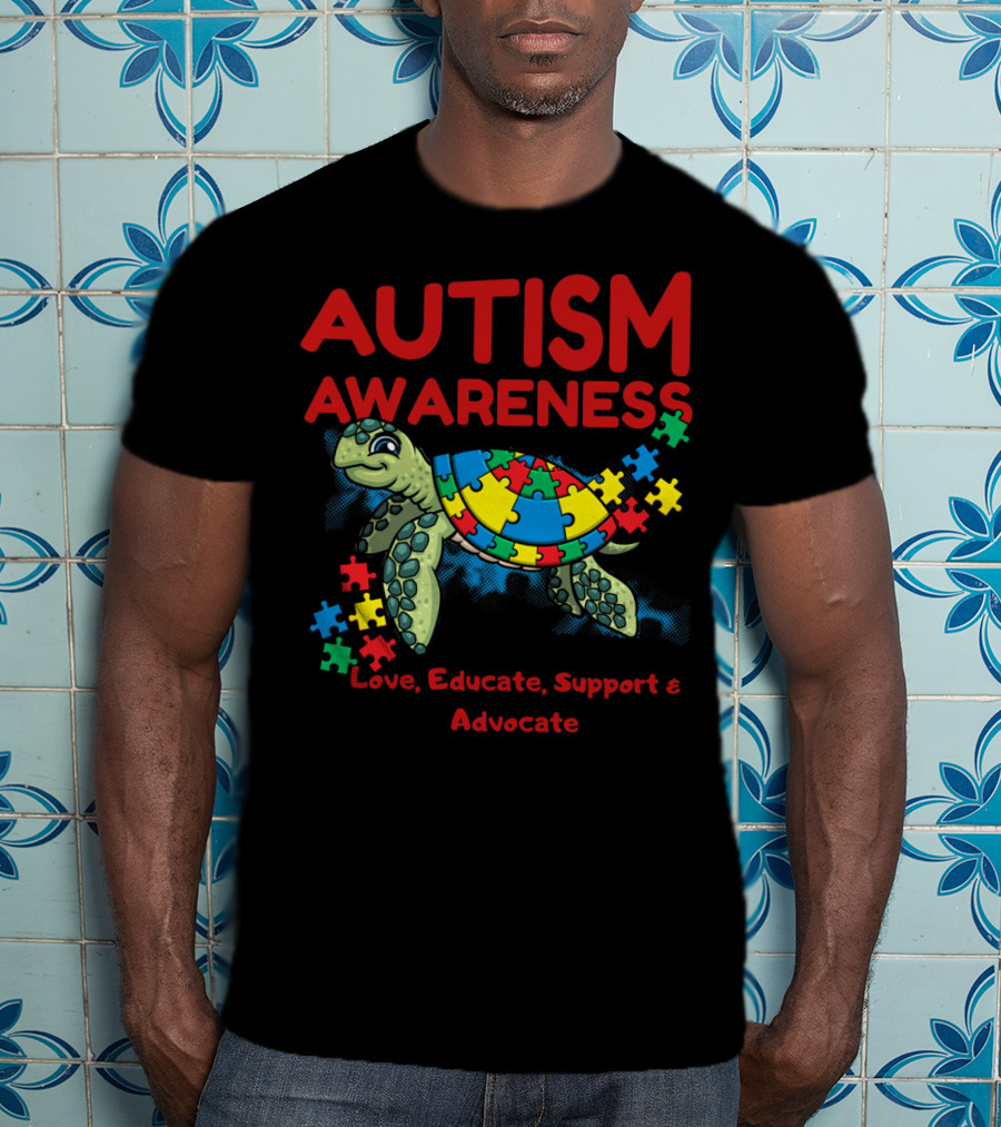 Autism Awareness Love Educate Support Advocate Puzzle Turtle T-Shirt