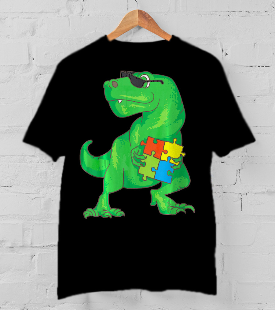 Autism Awareness Month Dinosaur Holding Puzzle Pieces T-Shirt