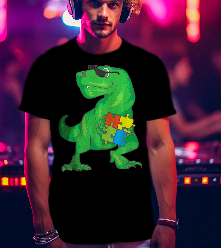 Autism Awareness Month Dinosaur Holding Puzzle Pieces T-Shirt