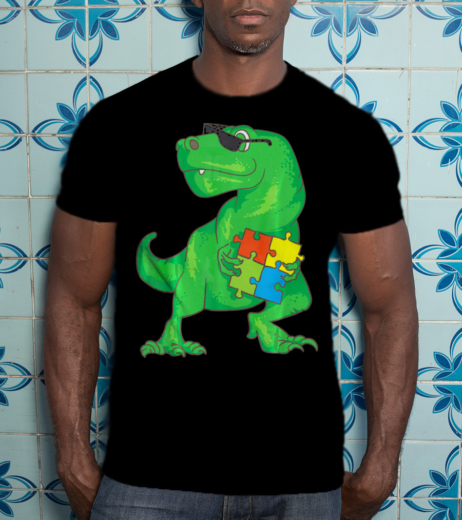 Autism Awareness Month Dinosaur Holding Puzzle Pieces T-Shirt