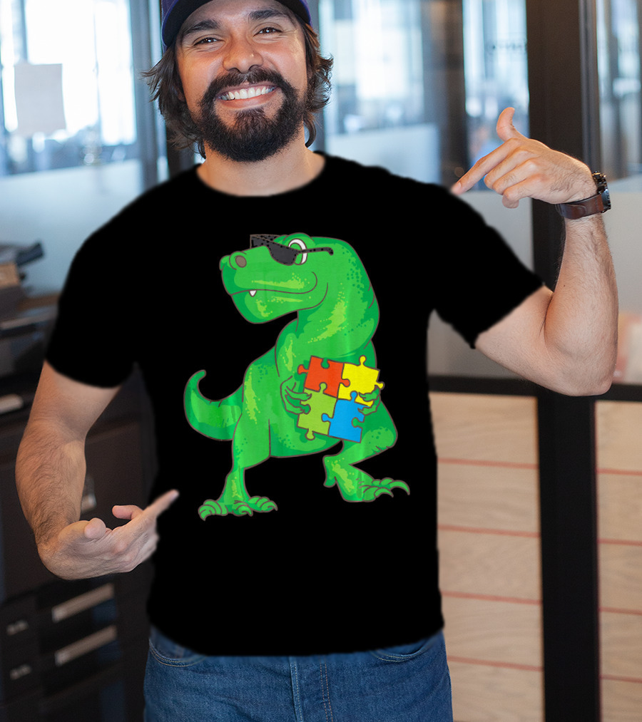 Autism Awareness Month Dinosaur Holding Puzzle Pieces T-Shirt