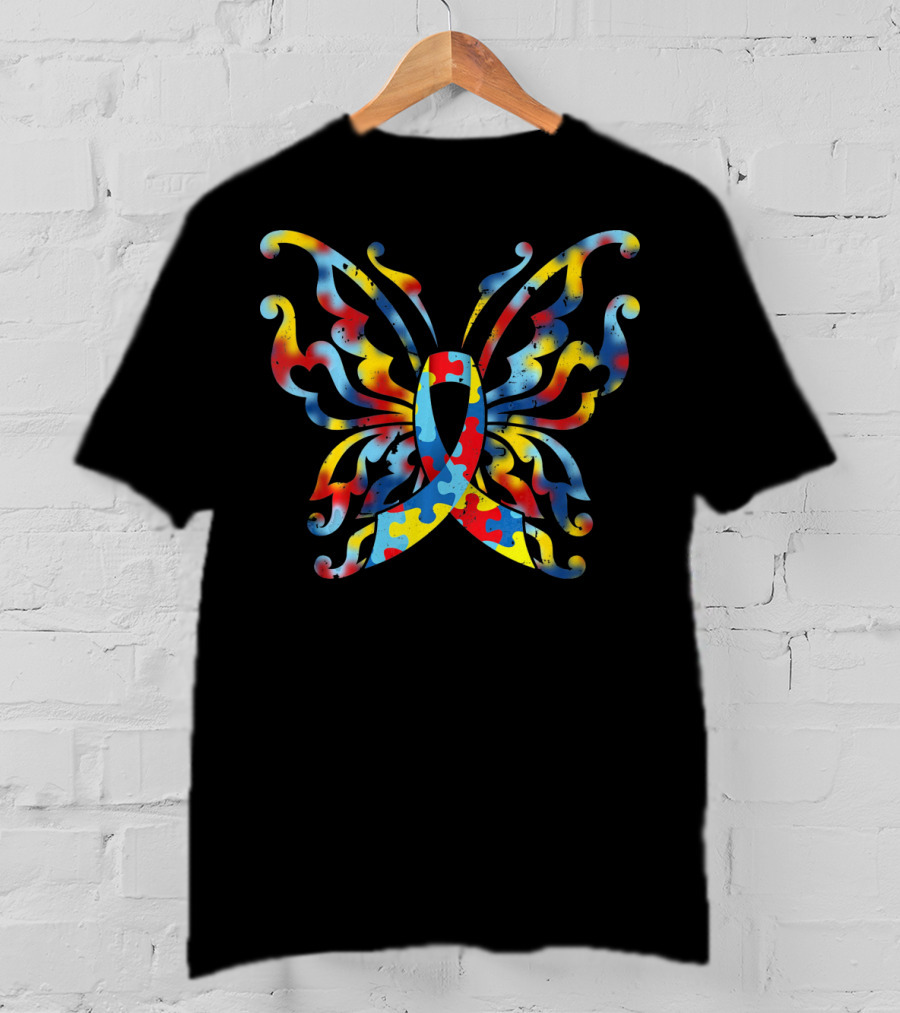 Autism Awareness Butterfly Puzzle Ribbon Multi-Color T-Shirt