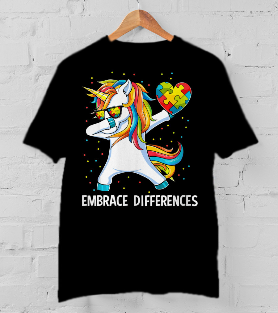 Embrace Differences Autism Awareness Unicorn Dab Puzzle Heart T-Shirt
