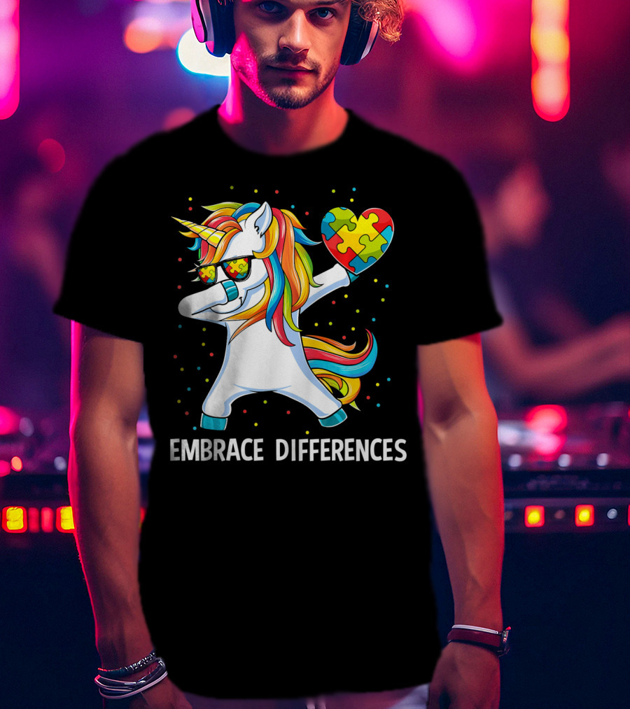 Embrace Differences Autism Awareness Unicorn Dab Puzzle Heart T-Shirt
