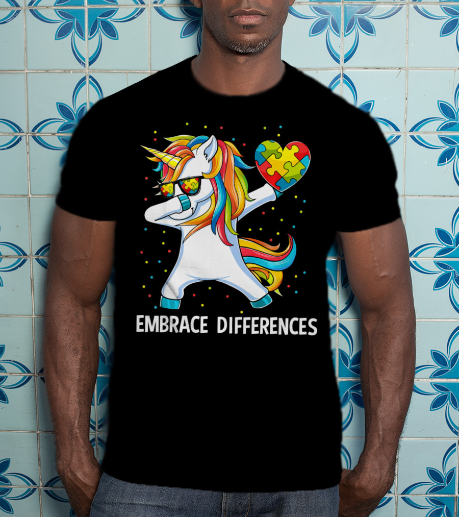 Embrace Differences Autism Awareness Unicorn Dab Puzzle Heart T-Shirt