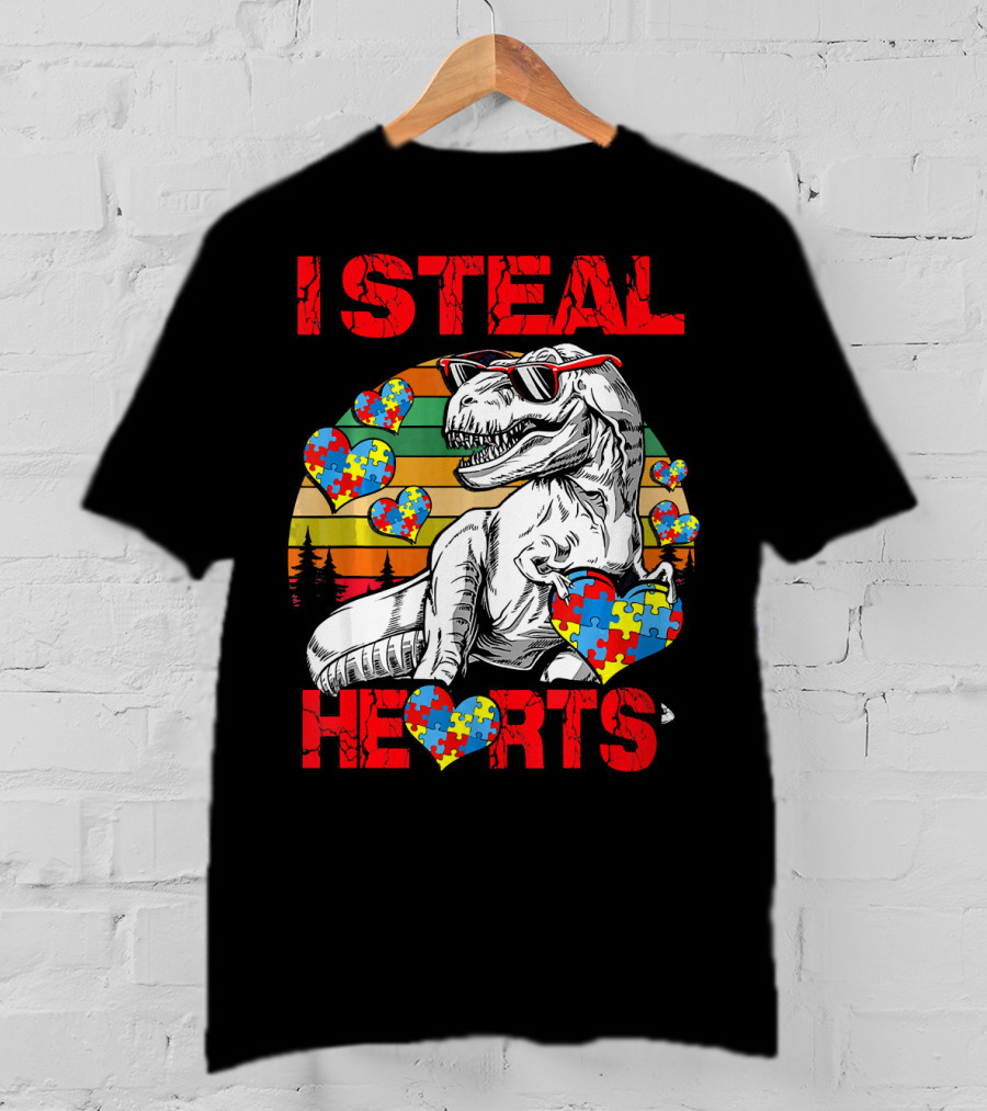 I Steal Hearts Autism Awareness Vintage Dinosaur T-Shirt