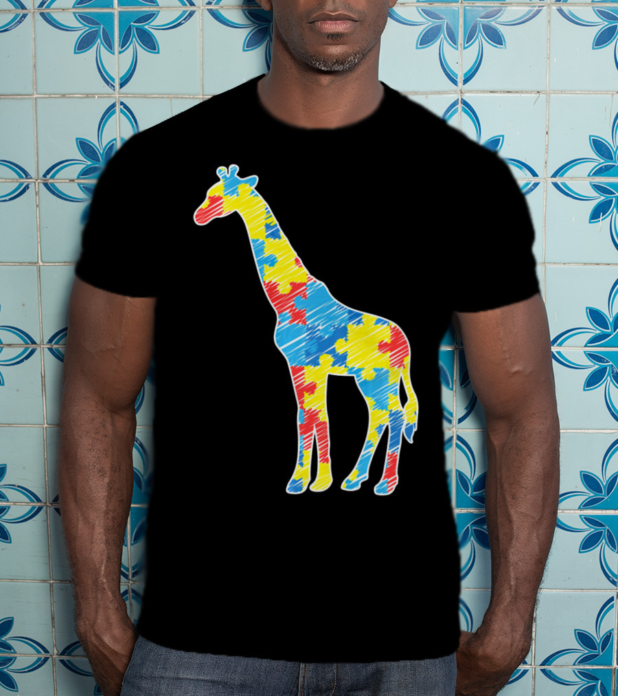 Cute Giraffe Puzzle Pattern Autism Awareness T-Shirt