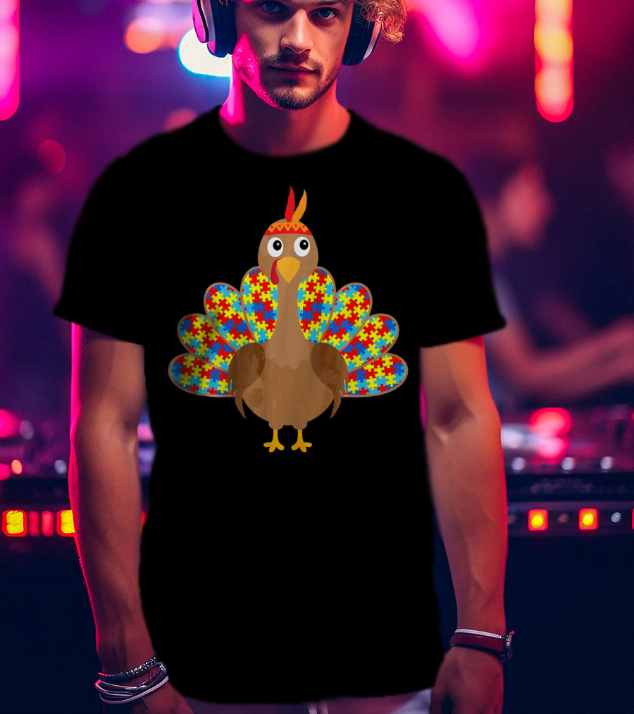 Cute Turkey With Autism Awareness Puzzle Pattern Tail T-Shirt