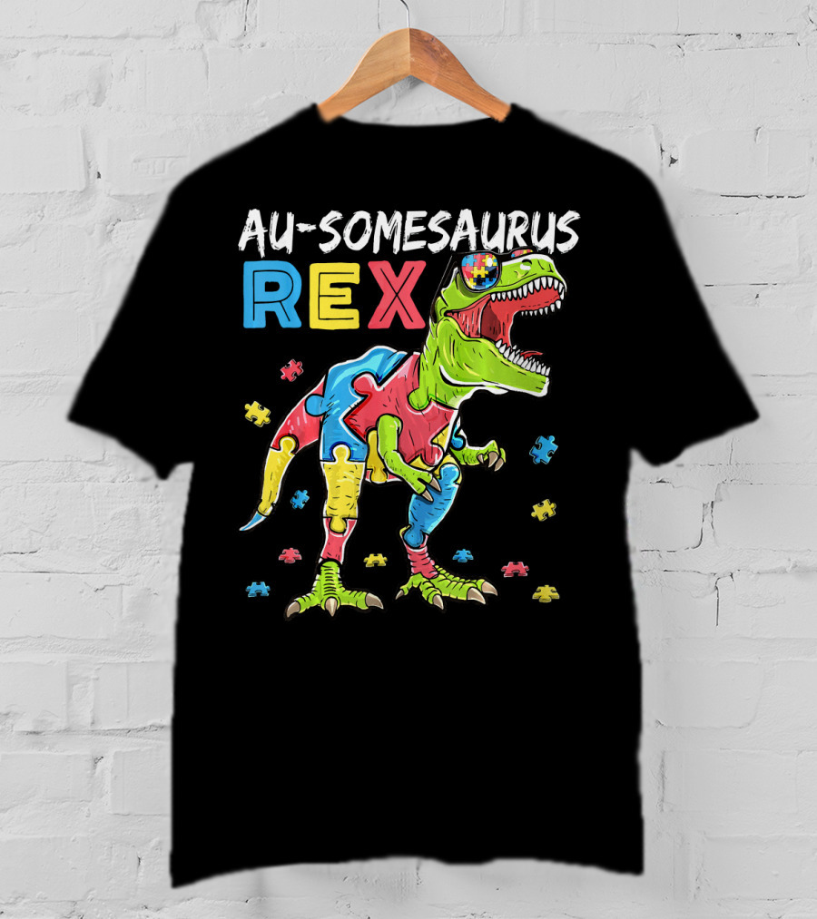 Au-somesaurus Rex Dinosaur Autism Awareness Puzzle Pieces T-Shirt