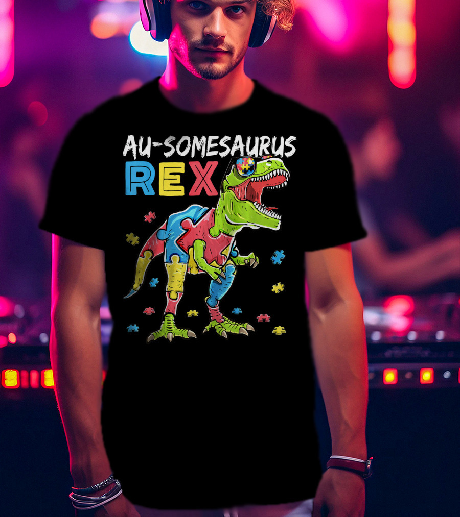 Au-somesaurus Rex Dinosaur Autism Awareness Puzzle Pieces T-Shirt