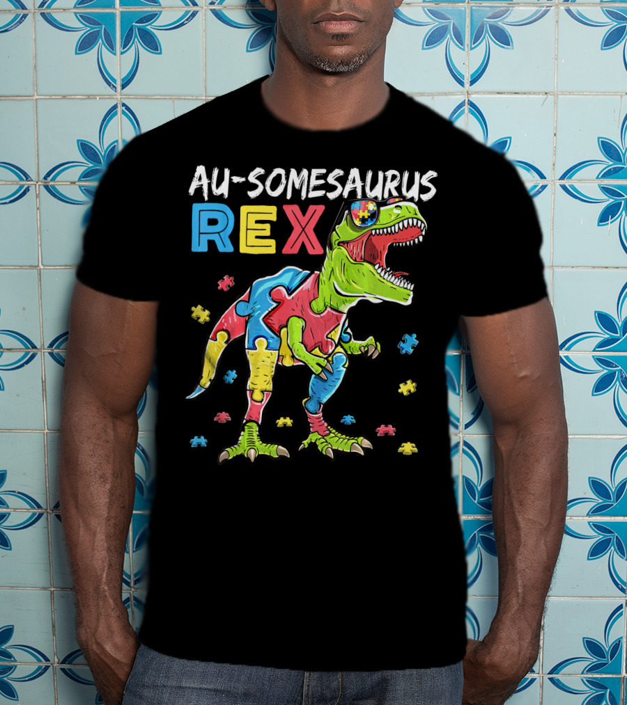 Au-somesaurus Rex Dinosaur Autism Awareness Puzzle Pieces T-Shirt
