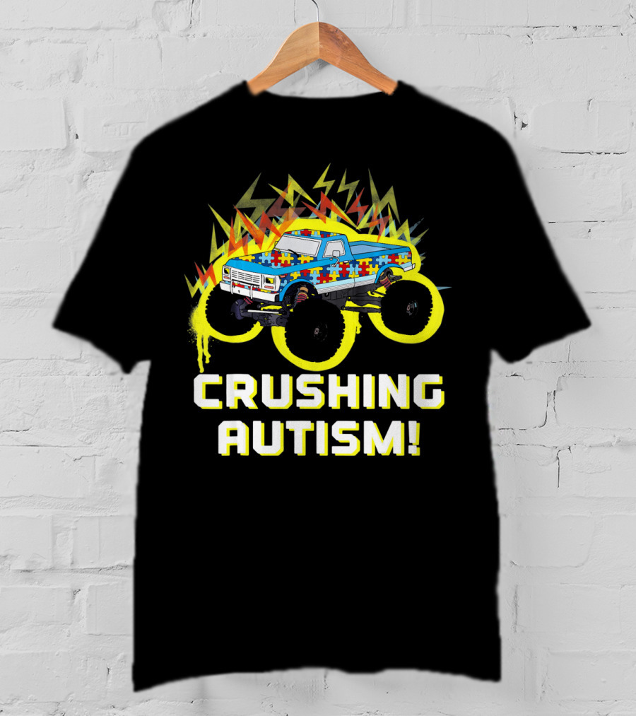 Crushing Autism Awareness Monster Truck With Puzzle Pattern And Lightning T-Shirt
