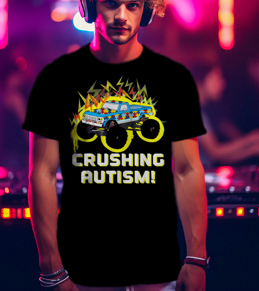 Crushing Autism Awareness Monster Truck With Puzzle Pattern And Lightning T-Shirt