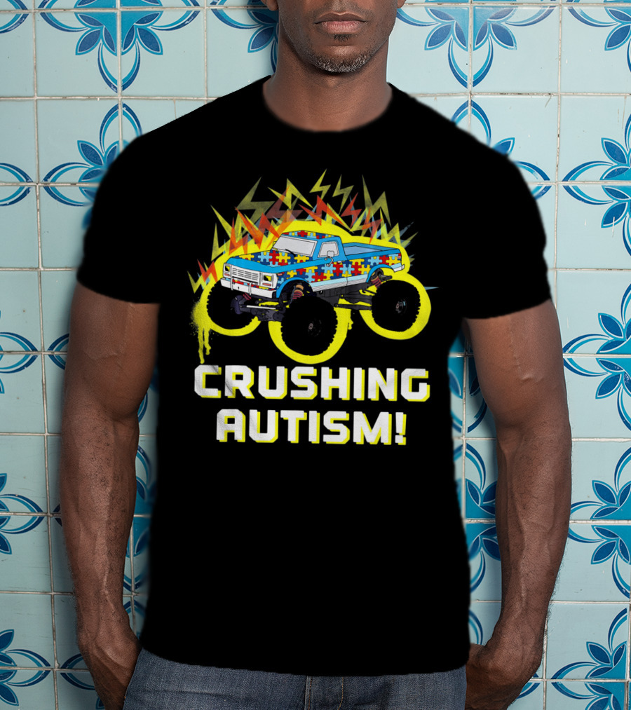 Crushing Autism Awareness Monster Truck With Puzzle Pattern And Lightning T-Shirt