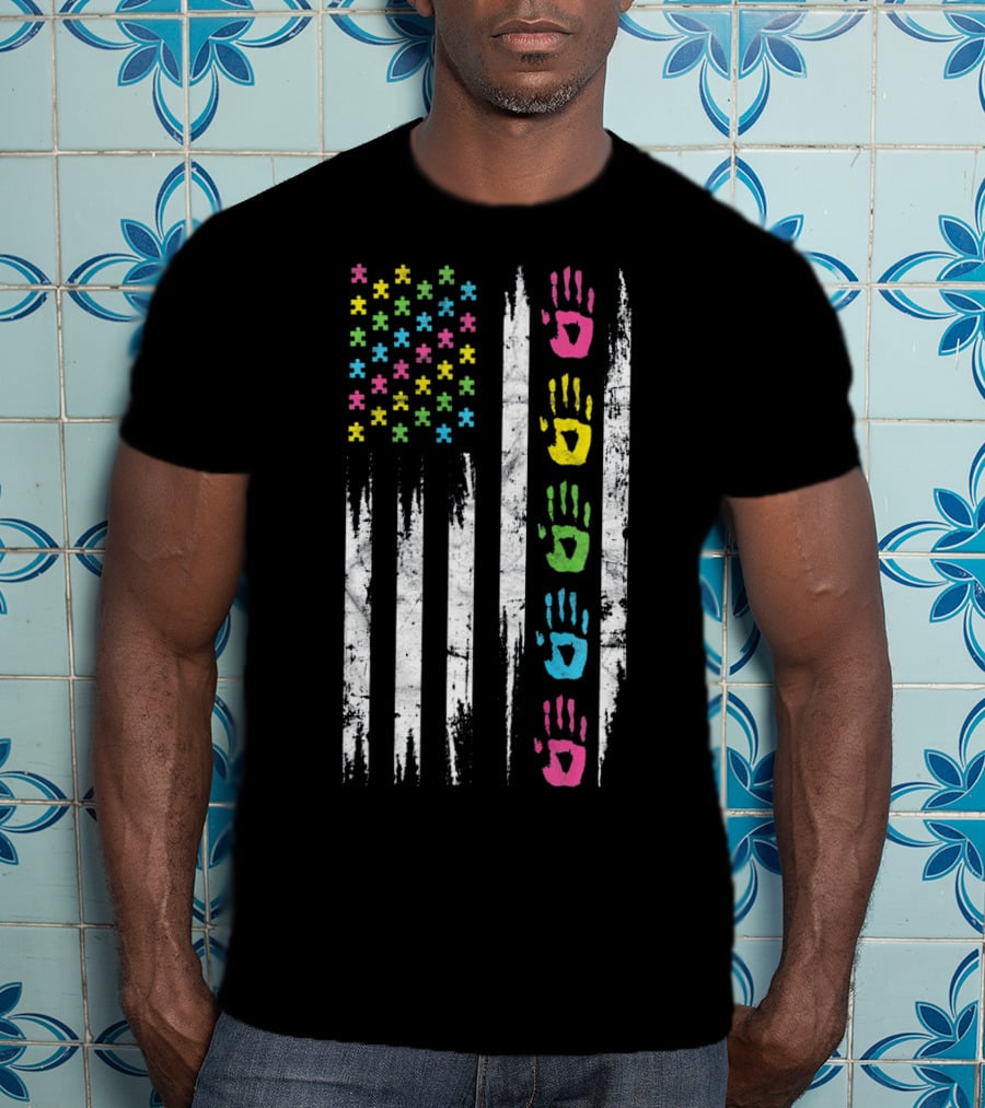 Autism Awareness Puzzle Piece Handprint USA Flag T-Shirt
