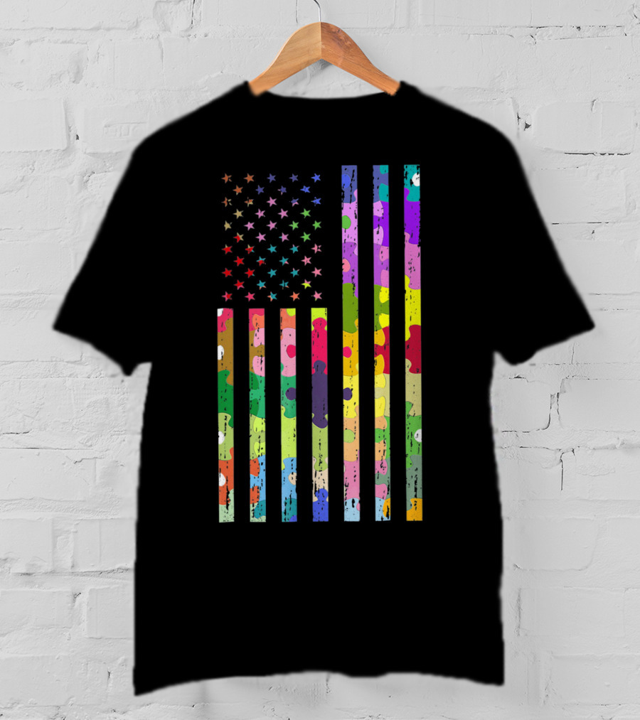 Autism Awareness Puzzle Pattern American Flag T-Shirt