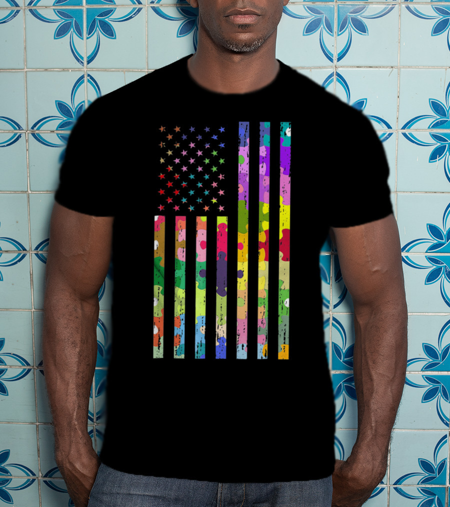 Autism Awareness Puzzle Pattern American Flag T-Shirt
