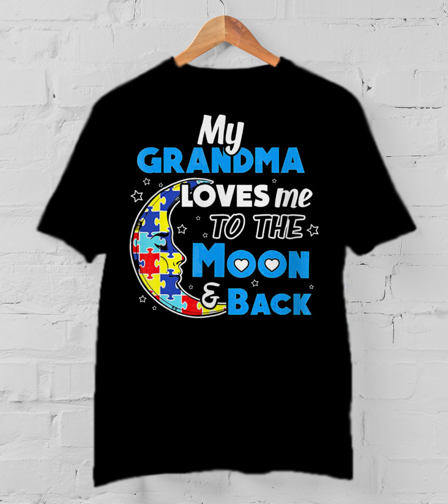 My Grandma Loves Me To The Moon And Back Puzzle Piece Moon Hearts Stars T-Shirt