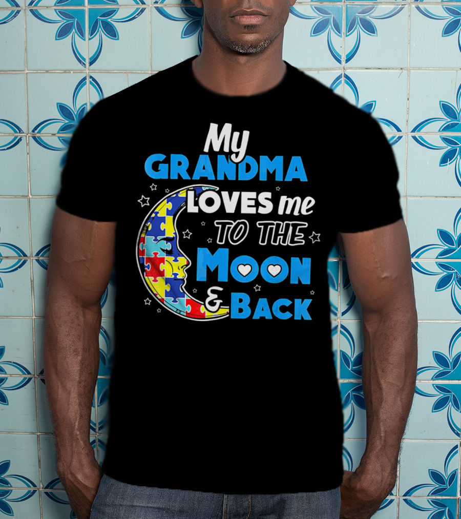 My Grandma Loves Me To The Moon And Back Puzzle Piece Moon Hearts Stars T-Shirt