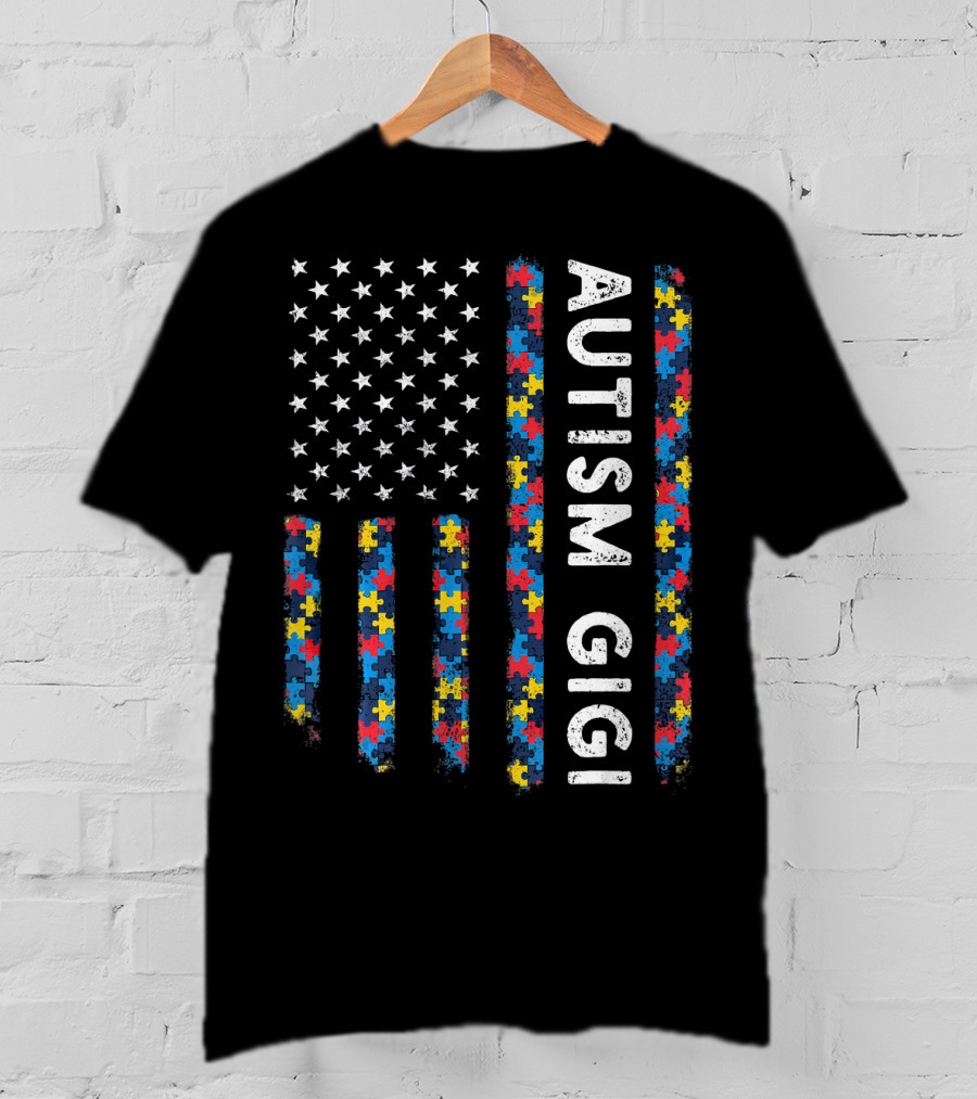 Autism Gigi American Flag Puzzle Piece Awareness T-Shirt