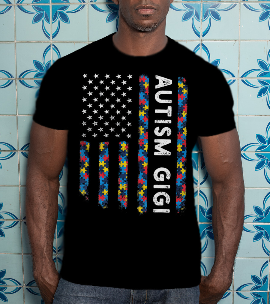 Autism Gigi American Flag Puzzle Piece Awareness T-Shirt