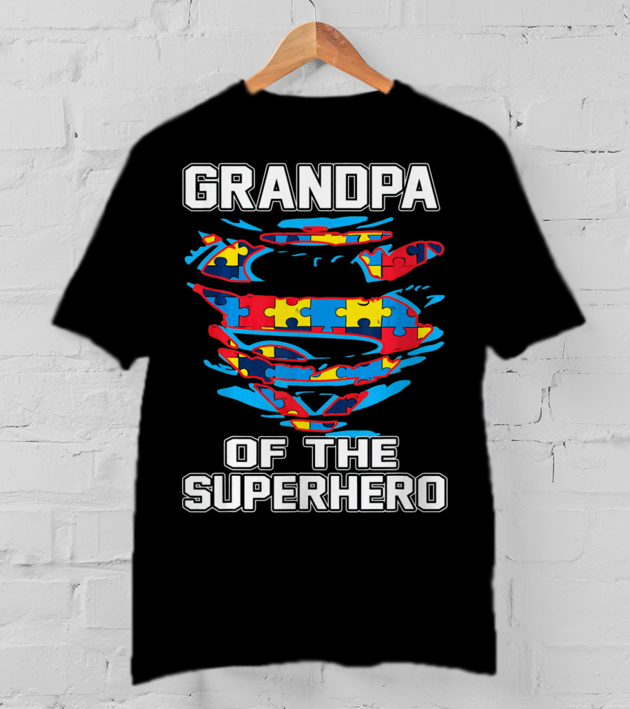 Grandpa Of The Superhero Autism Awareness Puzzle Swirl Crest T-Shirt