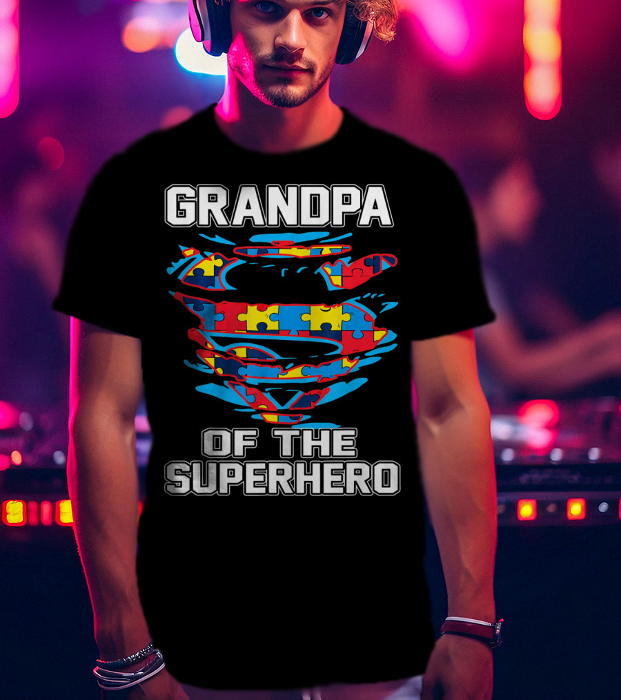 Grandpa Of The Superhero Autism Awareness Puzzle Swirl Crest T-Shirt