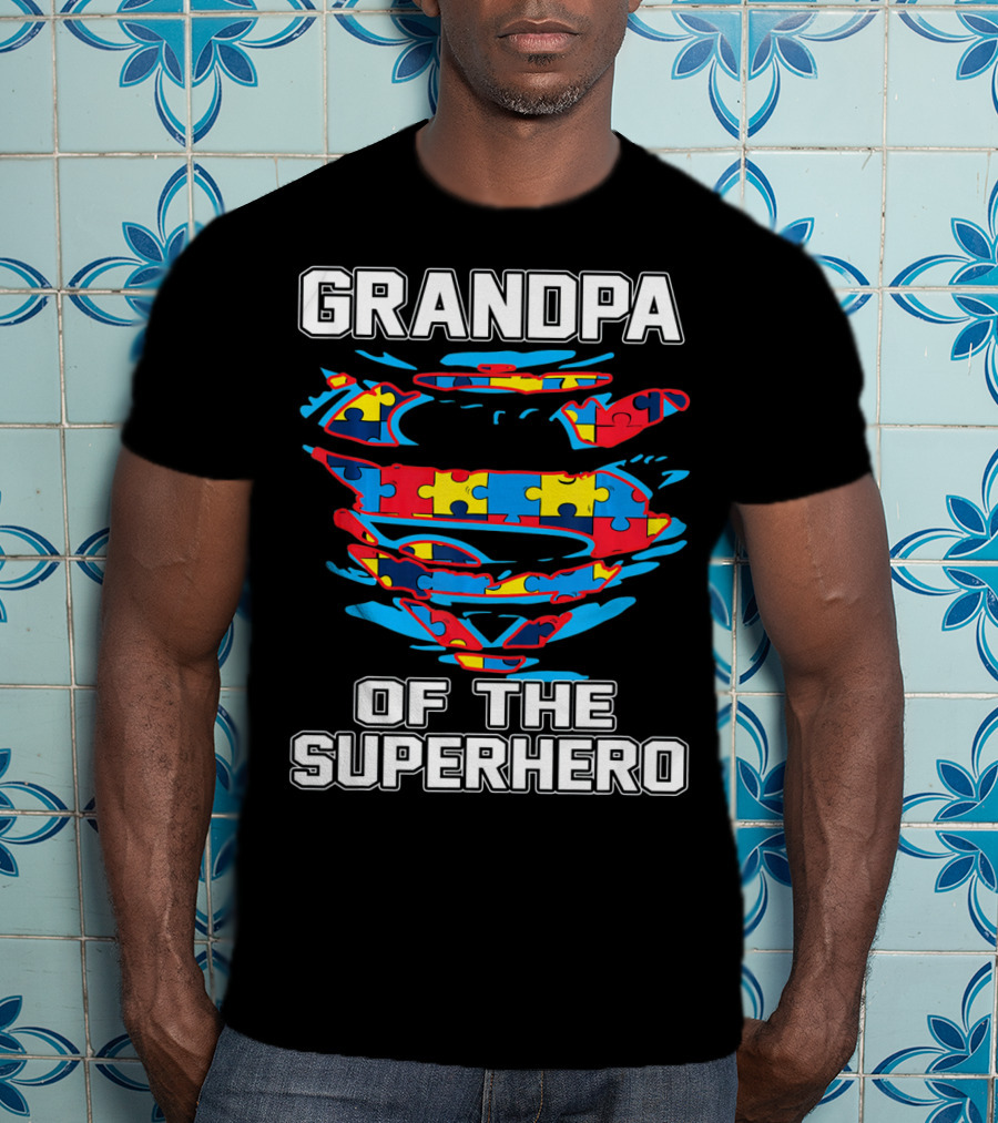 Grandpa Of The Superhero Autism Awareness Puzzle Swirl Crest T-Shirt