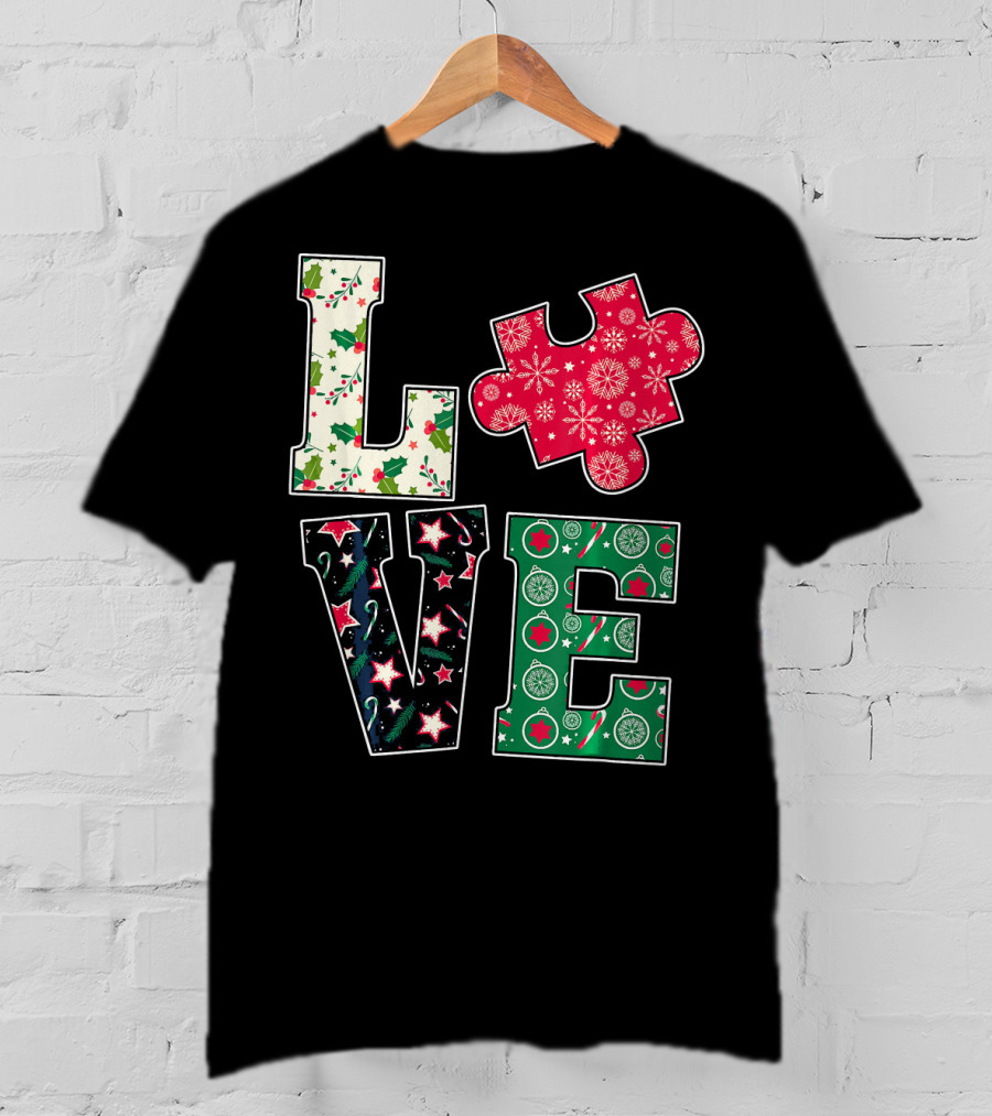 LOVE Puzzle Christmas Autism Awareness Holiday T-Shirt