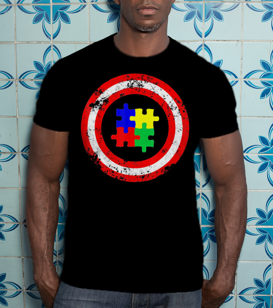 Captain Autism Awareness Shield Puzzle T-Shirt