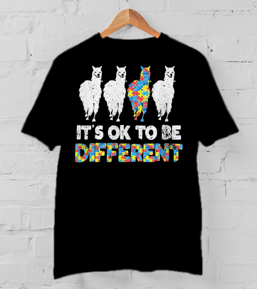 Autism Awareness Llama It's OK To Be Different Puzzle T-Shirt