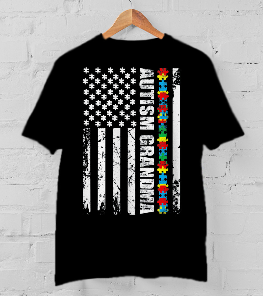 Autism Grandma American Flag Puzzle Piece Awareness T-Shirt