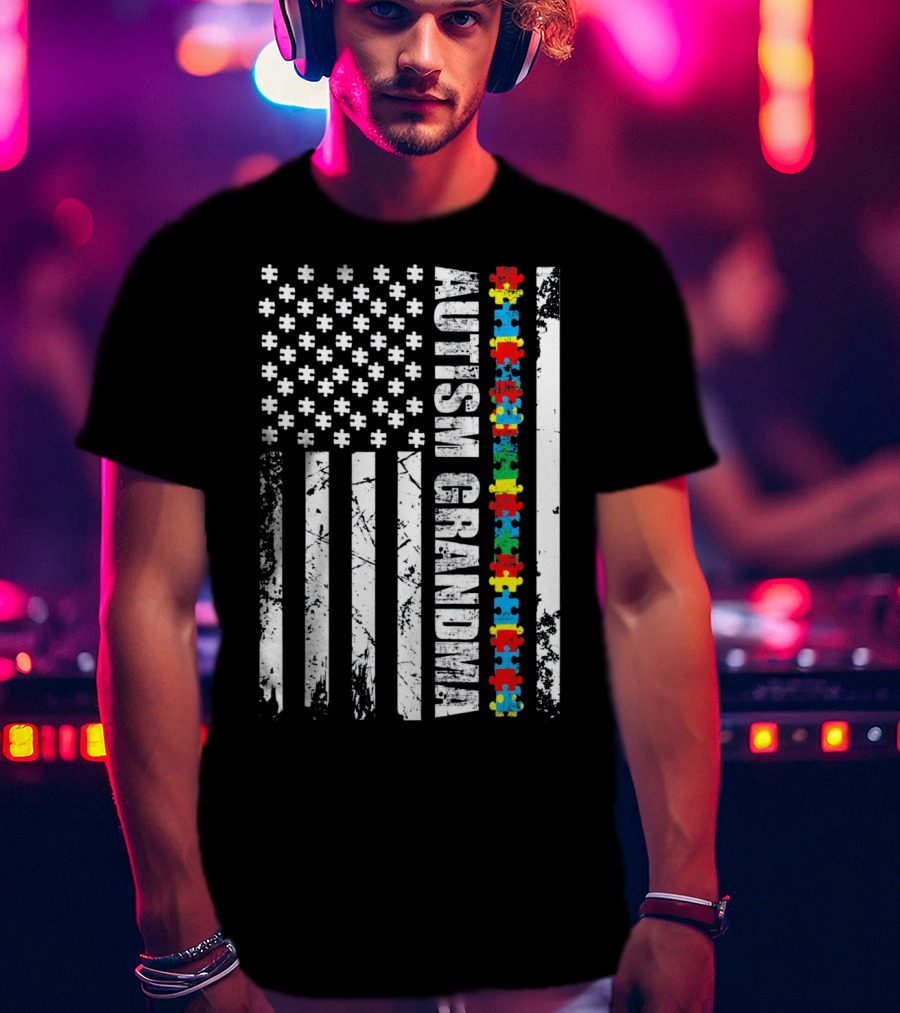 Autism Grandma American Flag Puzzle Piece Awareness T-Shirt