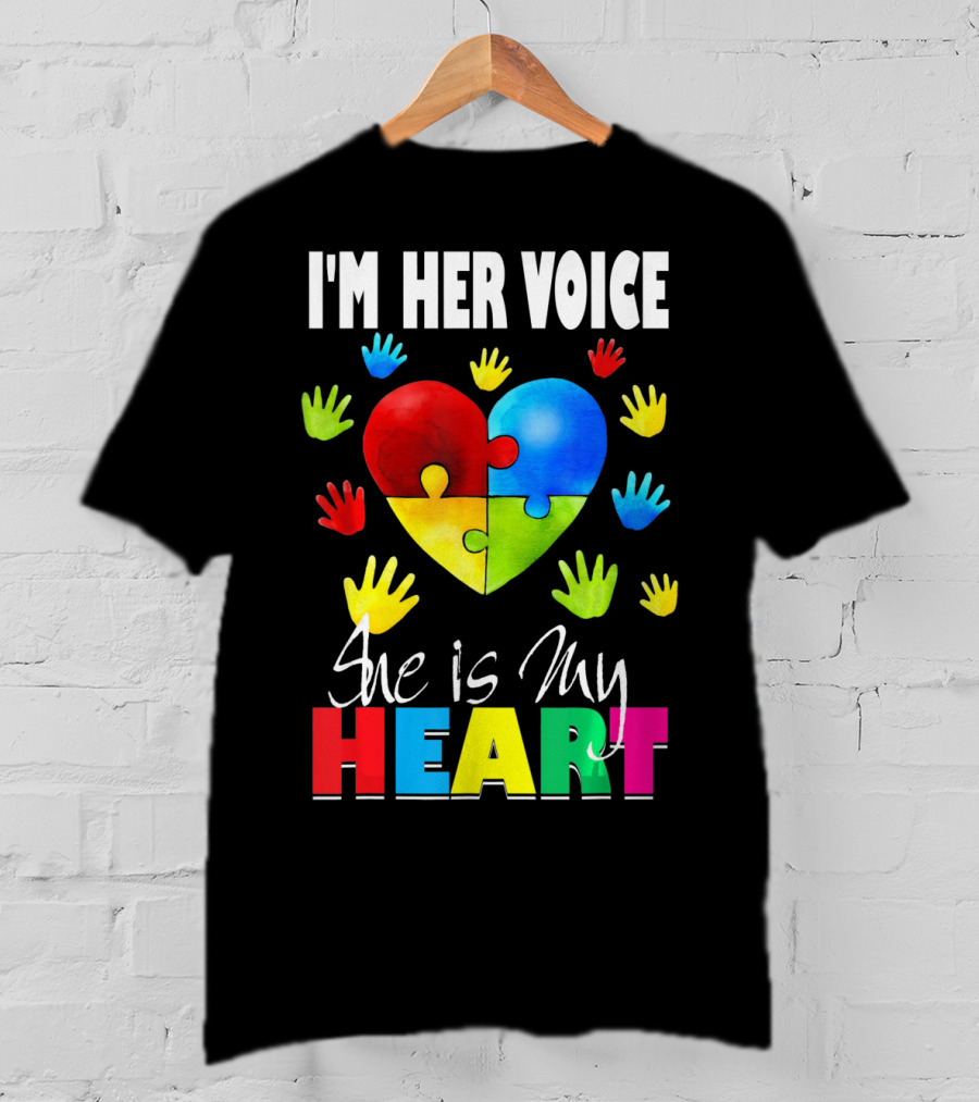 I'm Her Voice She Is My Heart Autism Awareness Puzzle Hands T-Shirt