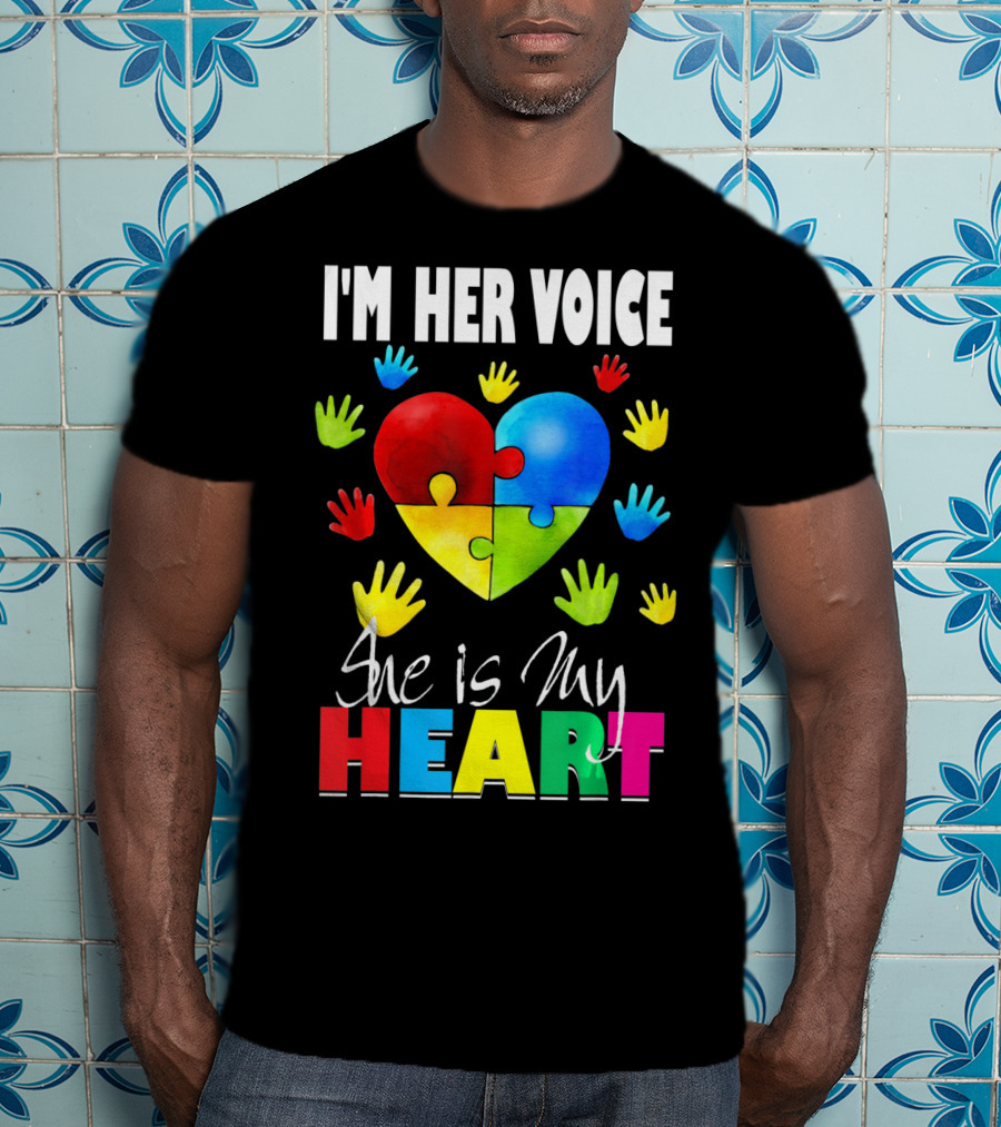 I'm Her Voice She Is My Heart Autism Awareness Puzzle Hands T-Shirt