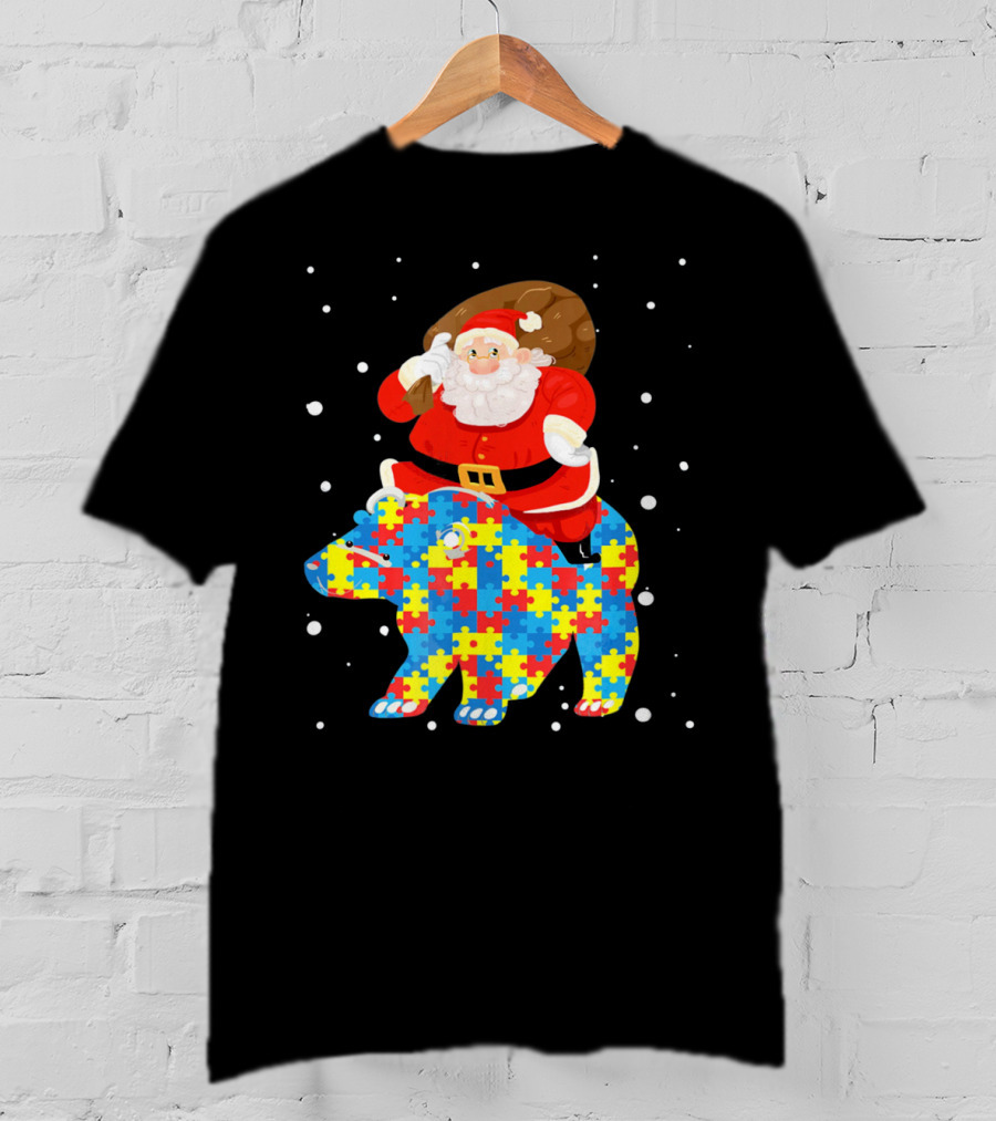 Santa Claus Riding Puzzle Bear Christmas Autism T-Shirt