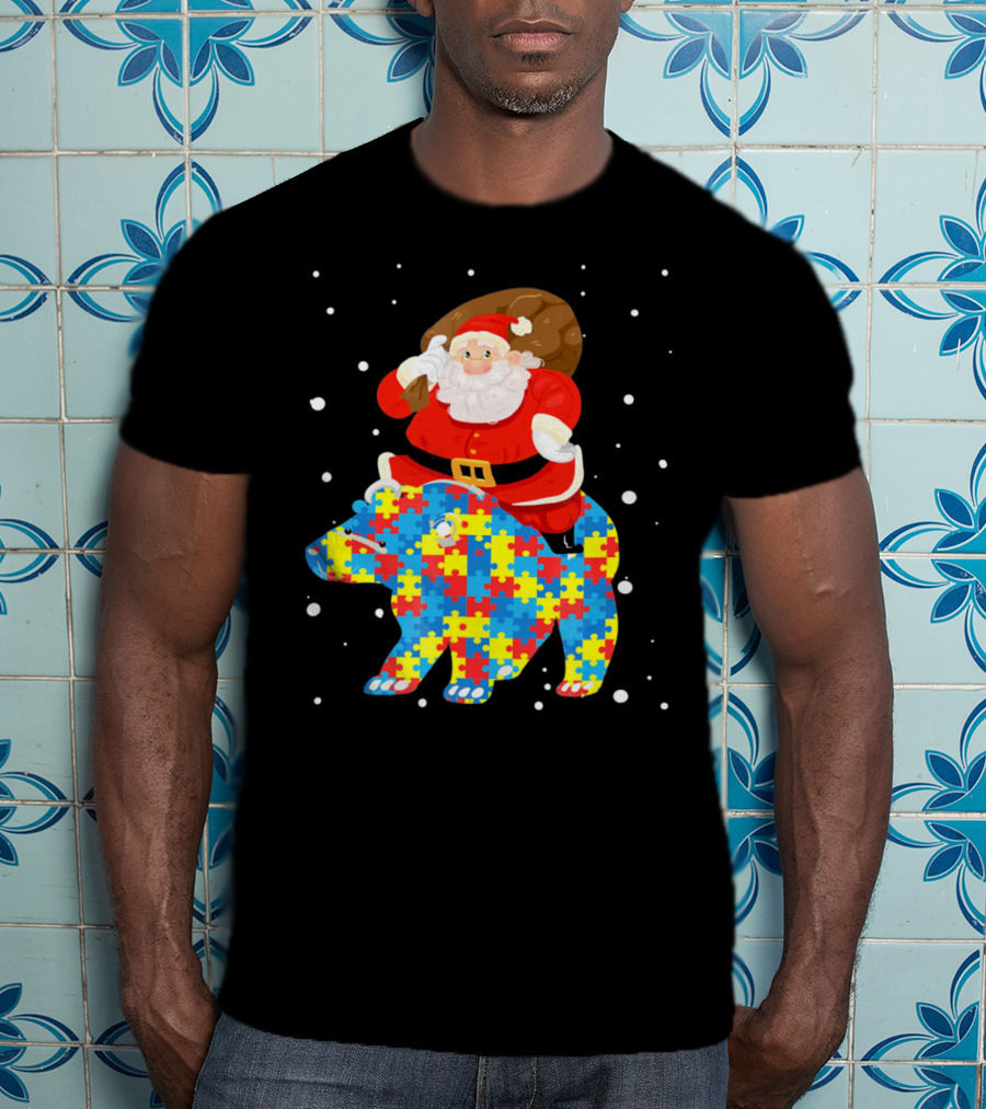 Santa Claus Riding Puzzle Bear Christmas Autism T-Shirt
