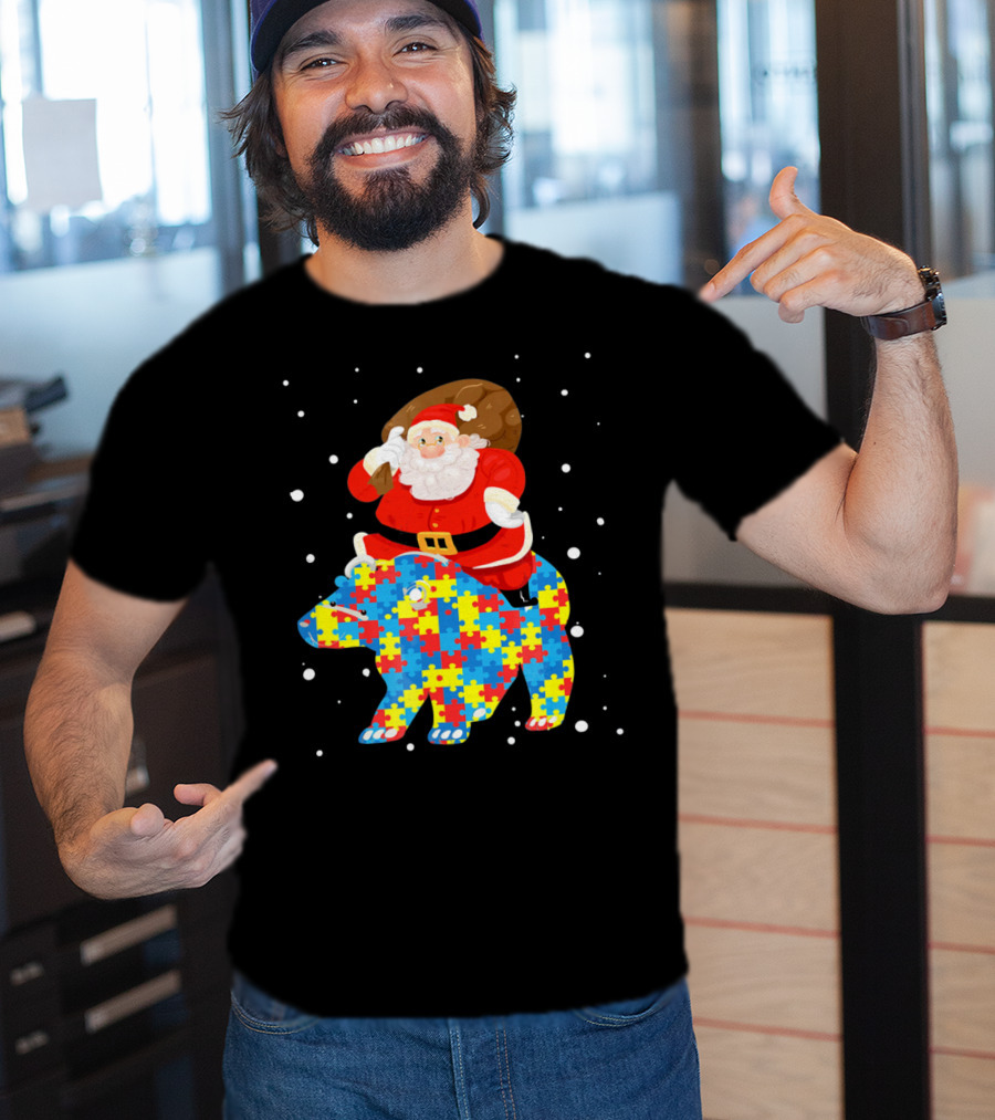 Santa Claus Riding Puzzle Bear Christmas Autism T-Shirt